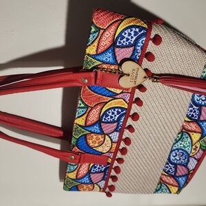 Colorful Patterned Tote Bag with Red Accents